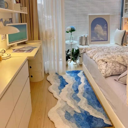 Aesthetic Wave Rug High-Quality Flocking Antislip Carpet Bathroom Blue Sea Tufted Carpet House Decoration Kid Room Bedside Rug