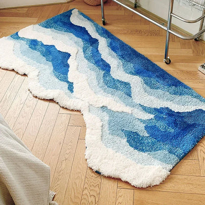 Aesthetic Wave Rug High-Quality Flocking Antislip Carpet Bathroom Blue Sea Tufted Carpet House Decoration Kid Room Bedside Rug